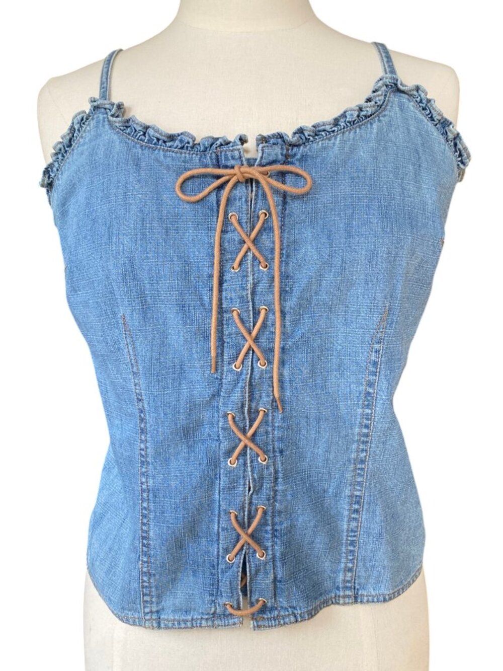 Vintage Faded Glory Y2K Denim Lace Up Corset Tank Top Ruffle Trim Cami -L